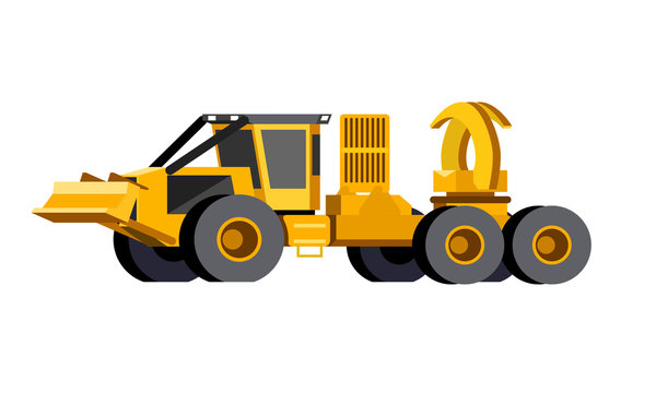 Minimalistic icon clam bunk skidder front side view. Grapple clambunk vehicle. Modern vector isolated illustration.