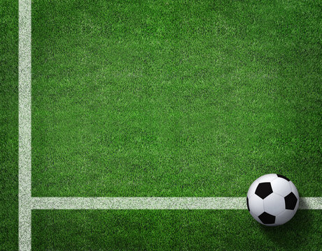 3d rendering of soccer ball with line on soccer field.