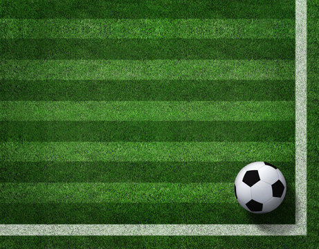 3d rendering of soccer ball with line on soccer field.