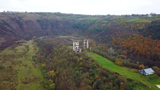 Aerial view of the ruins of the Chervonogorodsky castle. Ukraine