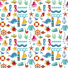 Seamless patterns with nautical elements wave paper ocean sea blue texture wallpaper marine vector illustration.