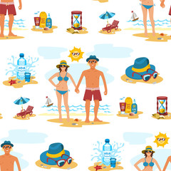 Man and woman seamless pattern background couple vacation summer time on the beach sand tropical nature vector illustration.