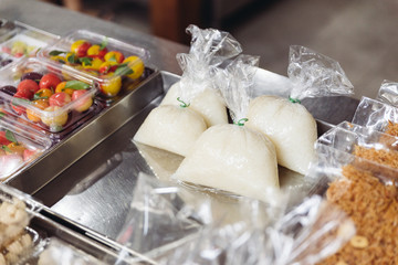 Thai sweet sticky rice wrap in plastic, ready to sell.