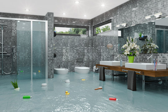 Überschwemmtes modernes Badezimmer - Bad - Dusche - Wasserschaden - Havarie - Hochwasser