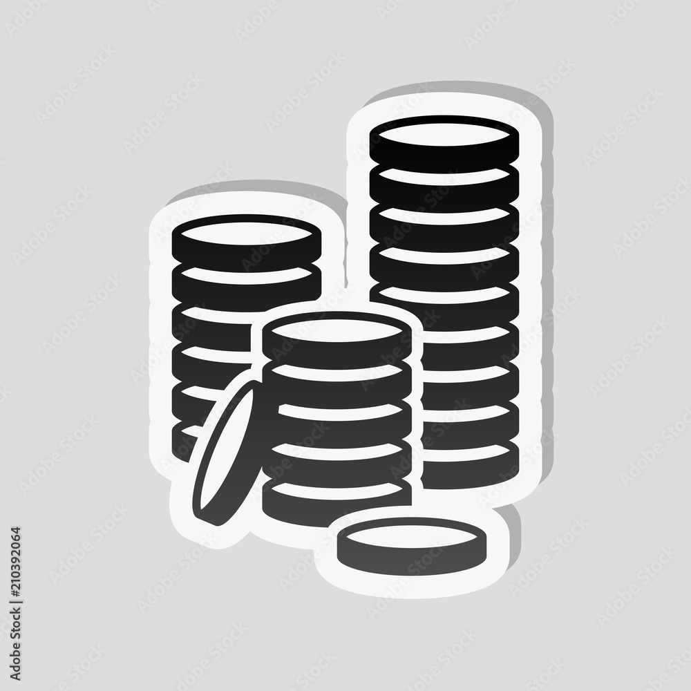 Poster coin stack icon. sticker style with white border and simple shad