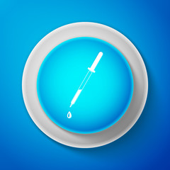 White Pipette icon isolated on blue background. Element of medical, chemistry lab equipment. Pipette with drop. Medicine symbol. Circle blue button with white line. Vector Illustration