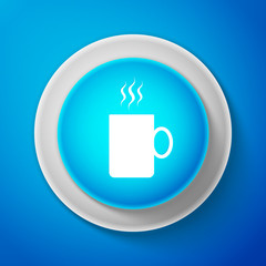 White Coffee cup flat icon isolated on blue background. Tea cup. Hot drink coffee. Circle blue button with white line. Vector Illustration