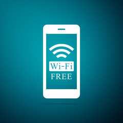 Smartphone with free wi-fi wireless connection icon isolated on blue background. Wireless technology, wi-fi connection, wireless network, hotspot concepts. Flat design. Vector Illustration