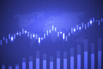 Business chart with uptrend line graph, bar chart and stock market on blue color background