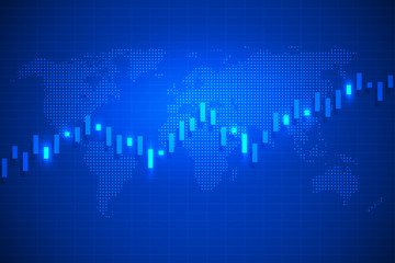 Business chart with uptrend line graph, chart and stock market on blue color background with world map