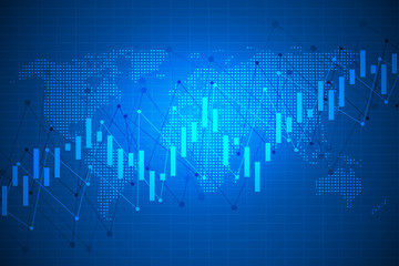 Business chart with uptrend line graph, chart and stock market on blue color background with world map