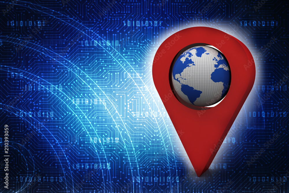 Fototapete 3d rendering red map pointer with world map
