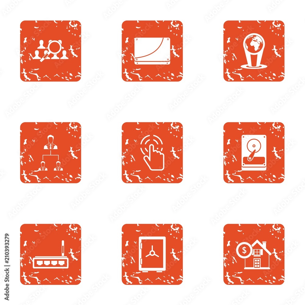 Poster command search icons set. grunge set of 9 command search vector icons for web isolated on white back