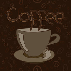 A Cup of coffee with beans and an inscription.