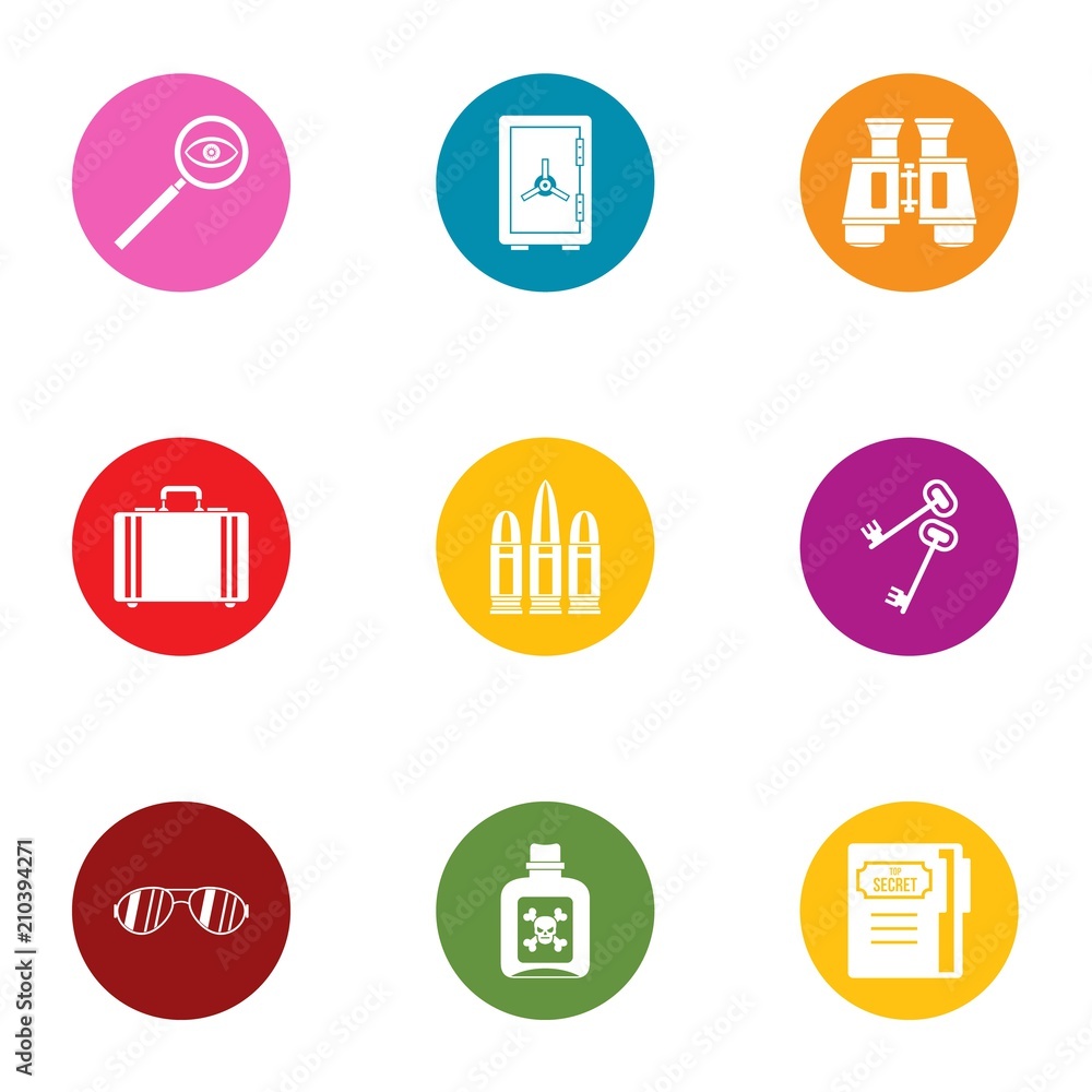 Poster spy icons set. flat set of 9 spy vector icons for web isolated on white background