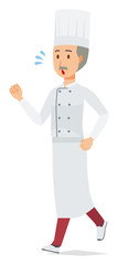 An elderly male chef wearing a cook coat is running