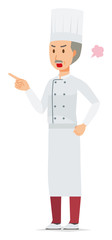 An elderly male chef wearing a cook coat is angrily pointing to a finger