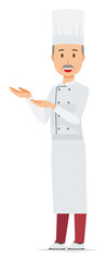 An elderly male chef wearing a cook coat is guiding with both hands