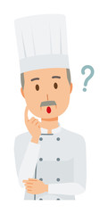 An elderly male chef wearing a cook coat is thinking