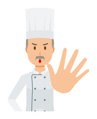 An elderly male chef wearing a cook coat is stop gesture