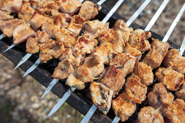 The meat is fried on sticks on charcoal