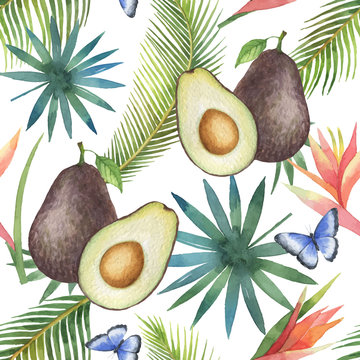 Watercolor vector seamless pattern of avocado and palm trees isolated on white background.