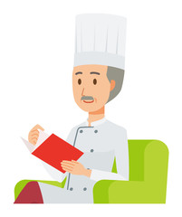 An elderly male chef wearing a cook coat is reading on a sofa
