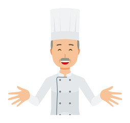 An elderly male chef wearing a cook coat is standing. And he open both hands and welcome you