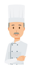 An elderly male chef wearing a cook coat is standing with his arms folded