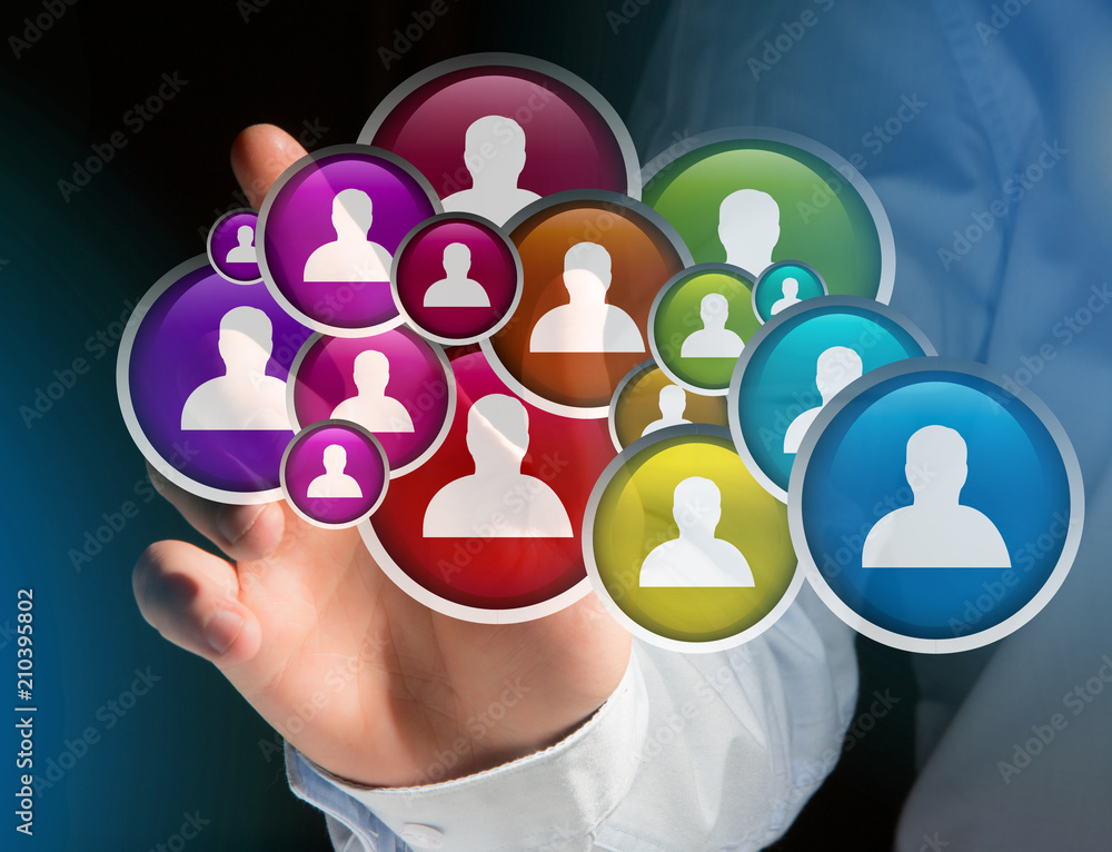 Poster group of contact icon displayed on a technology interface background - network and communication con