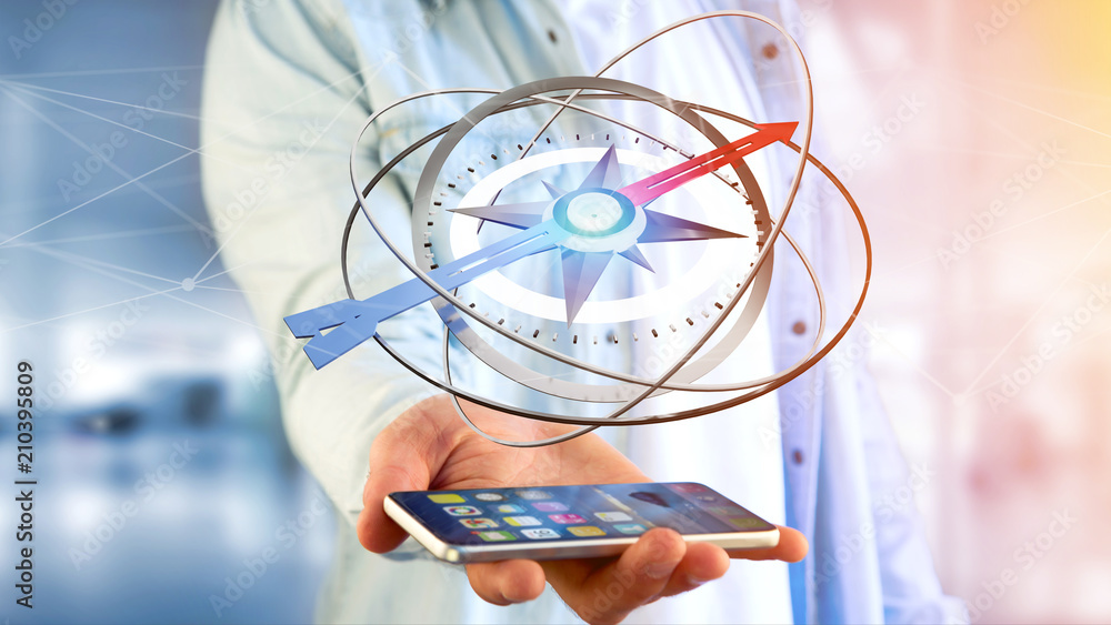 Poster business man using a navigation compass on a smartphone - 3d rendered