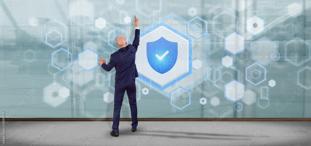 Poster man holding a shield web security concept 3d rendering