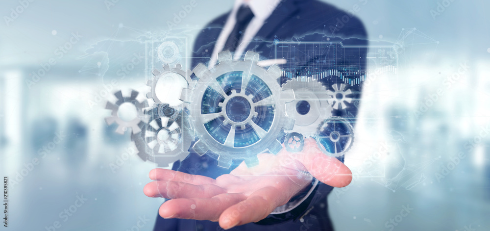 Poster man holding a technology gear wheel interface3d rendering