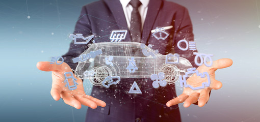 Man holding  Smartcar icon around an automobile 3d rendering