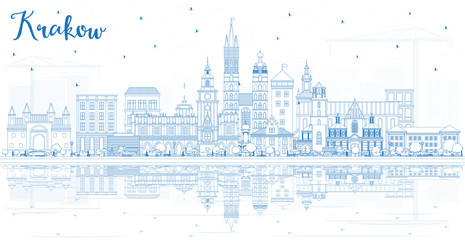 Fototapeta Outline Krakow Poland City Skyline with Blue Buildings and Reflections. obraz
