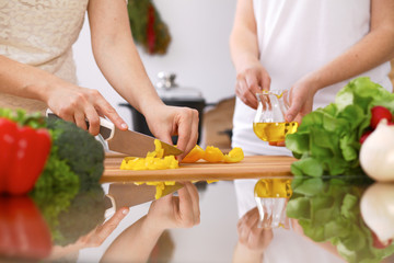 Closeup of human hands cooking in kitchen. Mother and daughter or two female friends cutting vegetables for fresh salad. Healthy meal, vegetarian food and lifestyle concepts