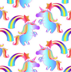 Neon ponies and a rainbow on an isolated background. Fairy tale pattern - an idea for a child's invitation card. Beautiful neon unicorn with a cartoon rainbow