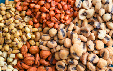 Composition with dried fruits and assorted nuts.