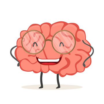 Happy cartoon character brain with glasses. Vector illustration isolated on white background.