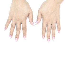 Women hands with nail manicure on white background