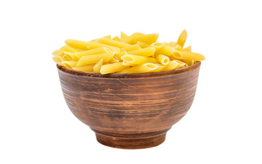 Bowl with raw pasta. Isolated on white.