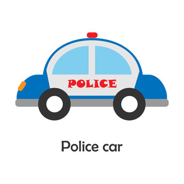 Police car in cartoon style, card with transport for kid, preschool activity for children, vector illustration