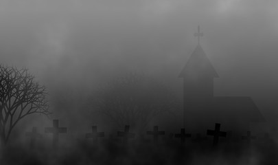 Cemetery and church in the mist at night of Halloween.