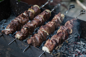 Appetizing barbecue shish kebab fried on charcoal grill outdoor