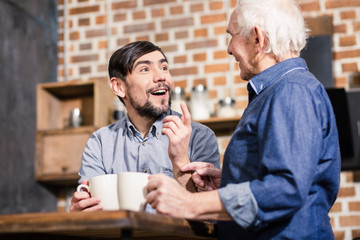Cheerful man talking with his father in the kitchen