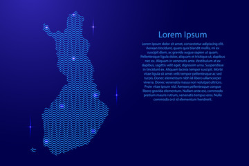 Silhouette of Finland country from wavy blue space sinusoid lines and glowing stars. Contour state of creative luminescence curve. Vector illustration.