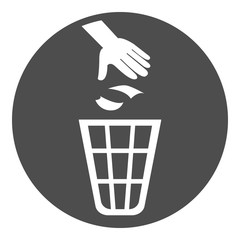 Trash bin sign. Hand throwing garbage into trash can. Vector illustration.