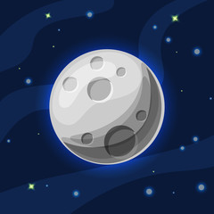 Vector grey and blue moon in deep dark blue space with cartoon glow. Flat modern style. Moon in space, vector illustration, with cosmic starry sky and cartoon milky way