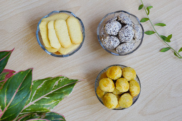 Cookies served during Eid Mubarak celebration with some ornaments and captured top angle shots.