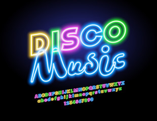 Vector neon Disco Music logo. Glowing colorful Font. Bright lighting Alphabet Letters, Numbers and Symbols